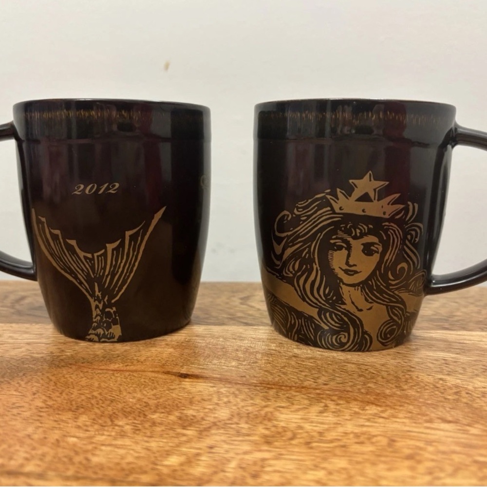 Starbucks Siren Mermaid Black and Gold 2012 Anniversary Mugs - Set of 2